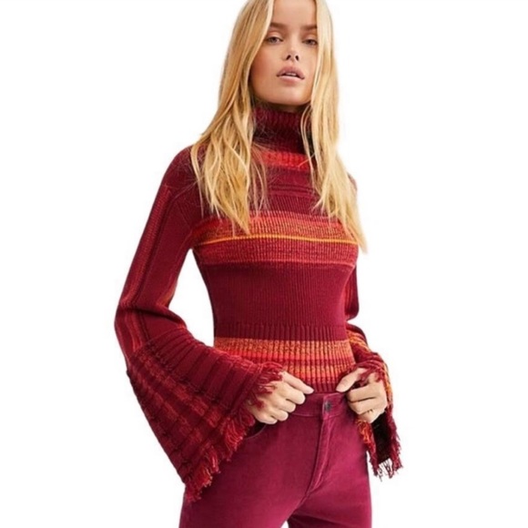 FREE PEOPLE CLOSE TO ME STRIPED COWL NECK PULLOVER - berry - Picture 1 of 6